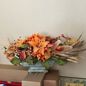 Autumn Harvest Floral Arrangement in Blue Vase